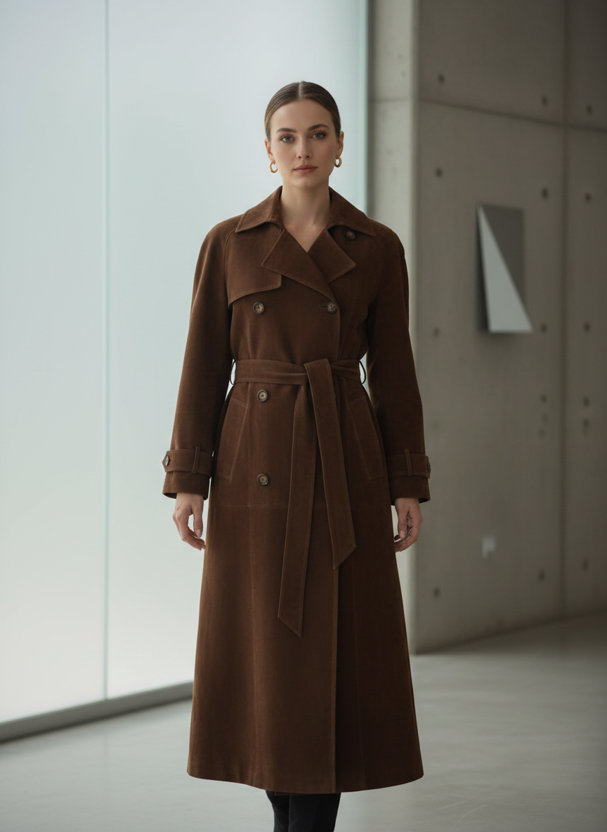 Women’s Long Suede Trench Coat with Belted Waist and Lapels