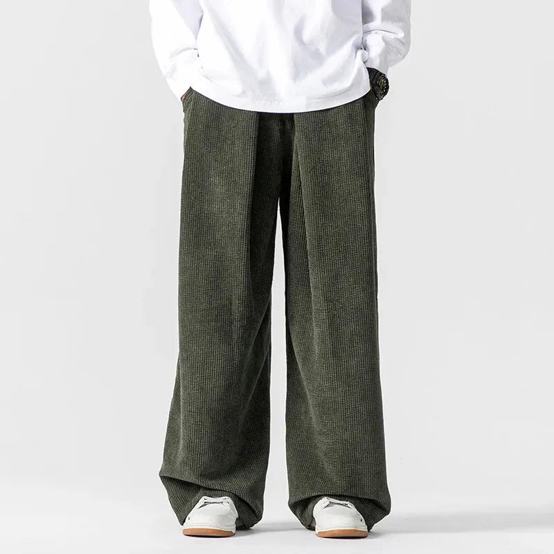 Men’s Wide Leg Corduroy Trousers with Relaxed Fit and Elastic Waist