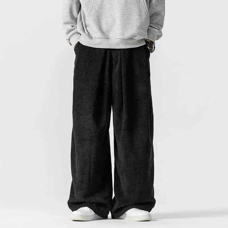 Men’s Wide Leg Corduroy Trousers with Relaxed Fit and Elastic Waist