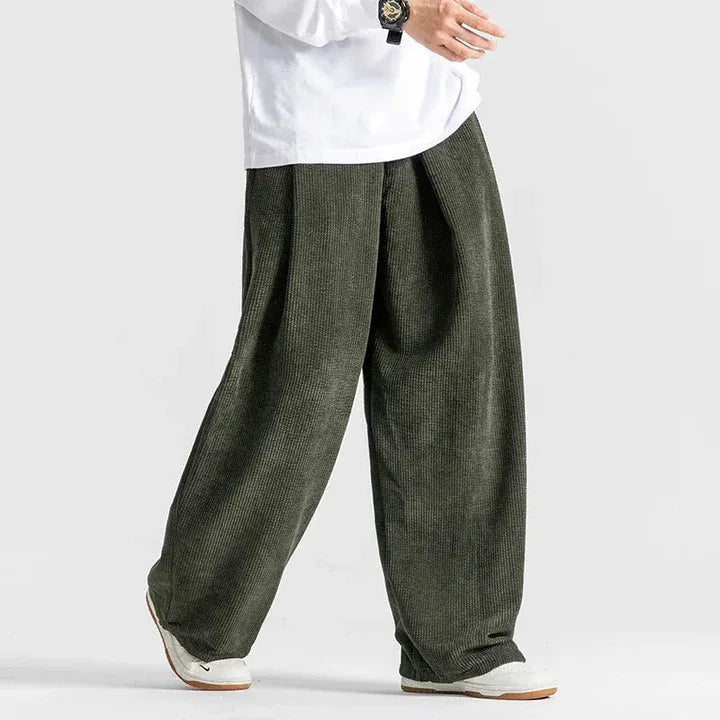 Men’s Wide Leg Corduroy Trousers with Relaxed Fit and Elastic Waist