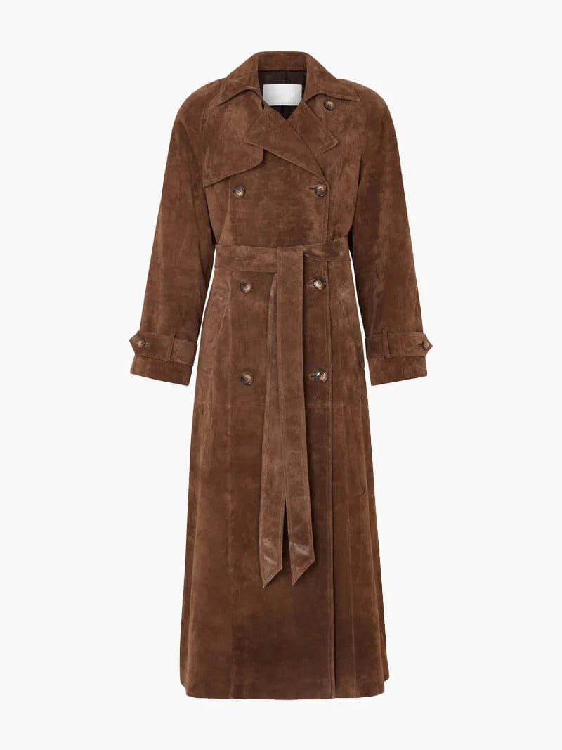 Women’s Long Suede Trench Coat with Belted Waist and Lapels