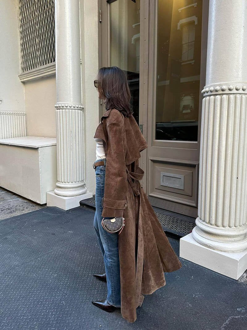 Women’s Long Suede Trench Coat with Belted Waist and Lapels